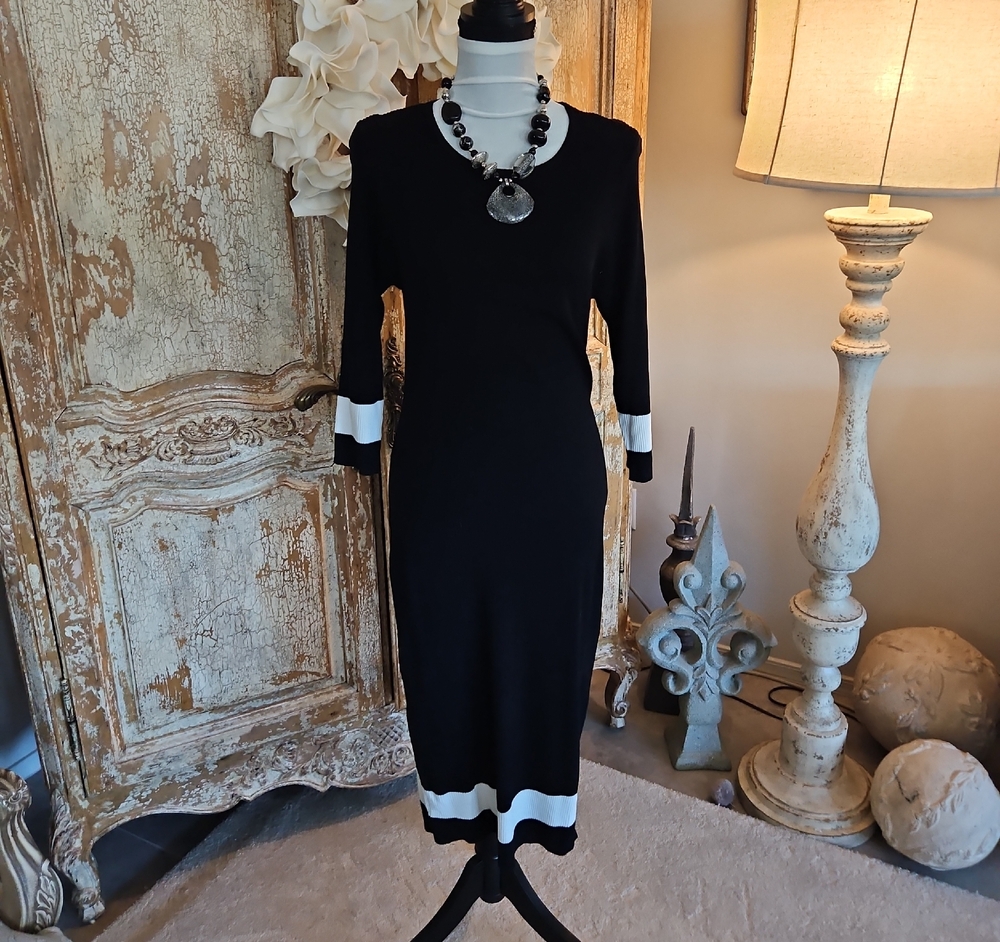 VENUS Black Midi Dress with White Trim